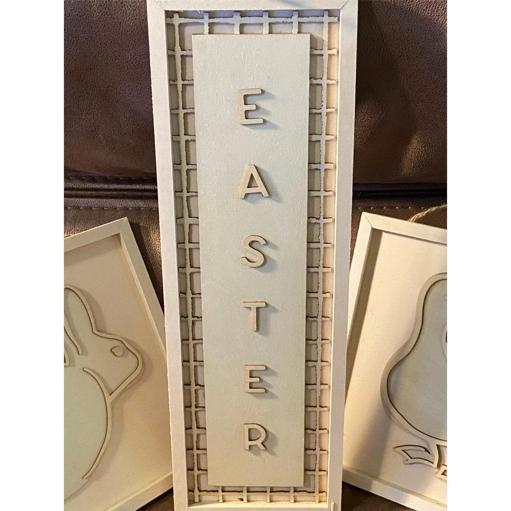 JAS Craft Easter Wood Wall Decor 3pc Set Bunny Duck Sign White Neutral Modern